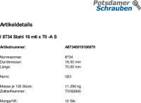 10 Zylinderstifte ISO 8734 Typ A Stahl 16 m6 x 70