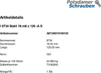 1 Zylinderstifte ISO 8734 Typ A Stahl 16 m6 x 120