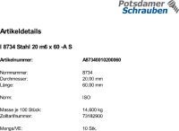 10 Zylinderstifte ISO 8734 Typ A Stahl 20 m6 x 60