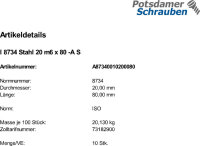 10 Zylinderstifte ISO 8734 Typ A Stahl 20 m6 x 80