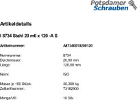 10 Zylinderstifte ISO 8734 Typ A Stahl 20 m6 x 120
