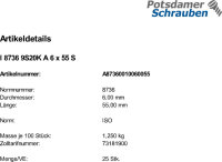 25 Kegelstifte mit Innengewinde ISO 8736 9S20K A 6x55 Stahl