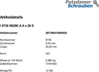10 Kegelstifte mit Innengewinde ISO 8736 9S20K A 8x28 Stahl