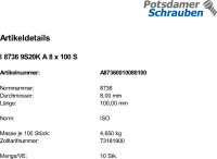 10 Kegelstifte mit Innengewinde ISO 8736 9S20K A 8x100 Stahl