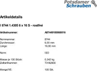 100 Edelstahl Kegelkerbstifte ISO 8744 1.4305 6x16