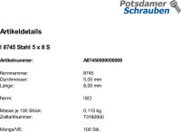 100 Passkerbstifte ISO 8745 Stahl 5x8