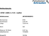 100 Edelstahl Passkerbstifte ISO 8745 1.4305 2x12