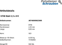 500 Halbrundkerbnägel ISO 8746 Stahl 2,3x8