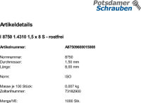 1000 Edelstahl Spiralspannstifte ISO 8750 1.4310 1,5x8