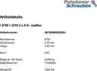 1000 Edelstahl Spiralspannstifte ISO 8750 1.4310 2x4