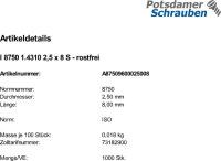 1000 Edelstahl Spiralspannstifte ISO 8750 1.4310 2,5x8