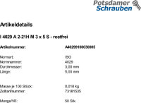 500 Edelstahl Inbus Gewindestifte ISO 4029 A1 / A2 M3x5