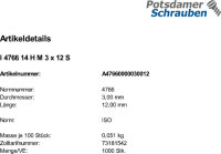 1000 Schlitz Gewindestifte ISO 4766 14H Stahl M3x12