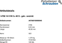 100 Schlitz Gewindestifte ISO 4766 14H verzinkt M8x40