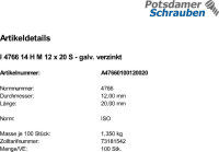 100 Schlitz Gewindestifte ISO 4766 14H verzinkt M12x20