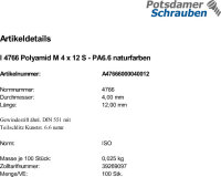 100 Schlitz Gewindestifte ISO 4766 Polyamid M4x12 PA 6.6