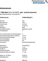 2000 Senkkopf Blechschrauben ISO 7050 verzinkt 2,2x13 -C-Z