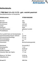 2000 Senkkopf Blechschrauben ISO 7050 verzinkt 2,9x9,5 -C-Z