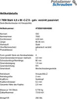 250 Senkkopf Blechschrauben ISO 7050 verzinkt 4,8x80 -C-Z