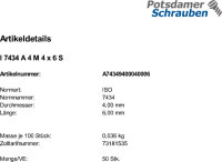 50 Edelstahl V4A Schlitz Gewindestifte ISO 7434 A4 M4x6