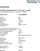 1000 Gewindefurchende Schrauben DIN 7500 St. gehärtet MM2,5x12 -Z verzinkt