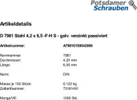 1000 Linsenkopf Blechschrauben DIN 7981 verzinkt 4,2x6,5...