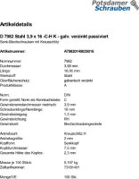 100 Senkkopf Blechschrauben DIN 7982 verzinkt 3,9x16 -C-H