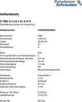 250 Edelstahl V2A Senkkopf Blechschrauben DIN 7982 A2 4,8x32 -C-H
