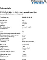 100 Linsensenkkopf Blechschrauben DIN 7983 verzinkt...
