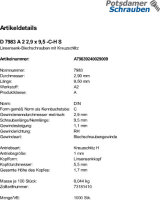 1000 Edelstahl V2A Linsensenkkopf Blechschrauben DIN 7983...