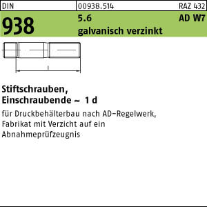 100 Stiftschrauben DIN 938 5.6 M10x20 , gestempelt, AD W7 Stahl