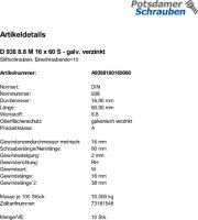 10 Stiftschrauben DIN 938 8.8 M16x60 verzinkt Stahl