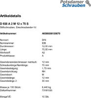 10 Stiftschrauben DIN 938 A2 M12x70 V2A Edelstahl
