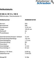10 Stiftschrauben DIN 938 A2 M12x100 V2A Edelstahl