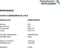 10 Stiftschrauben DIN 938 A4 BUMAX88 M20x50 A4-88 Edelstahl