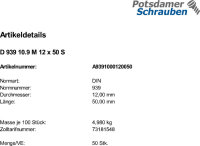 50 Stiftschrauben DIN 939 10.9 M12x50 Stahl