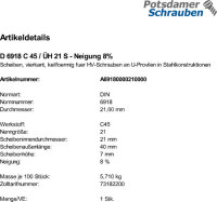 1 Scheiben DIN 6918 C 45 / ÃœH 21 Neigung 8%...