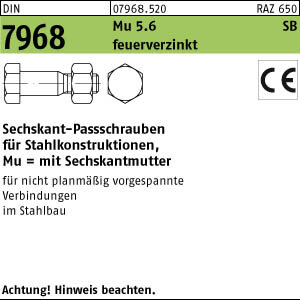 25 Sechskant Passschrauben DIN 7968 Mu 5.6 / CE M20x50 feuerverzinkt tZn Stahl