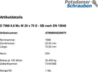 1 Sechskant Passschrauben DIN 7968 8.8 Mu M20x70 SB nach...