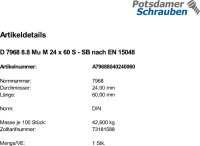 1 Sechskant Passschrauben DIN 7968 8.8 Mu M24x60 SB nach...