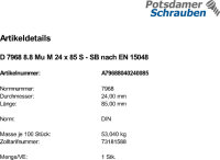 1 Sechskant Passschrauben DIN 7968 8.8 Mu M24x85 SB nach...