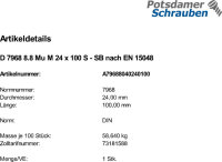 1 Sechskant Passschrauben DIN 7968 8.8 Mu M24x100 SB nach...