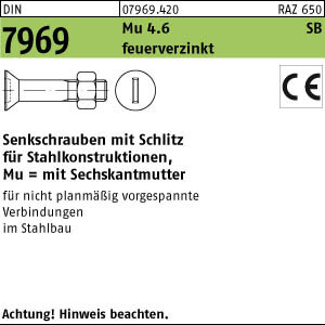 100 Schlitz Senkschrauben DIN 7969 Mu 4.6 U / CE M12x35 feuerverzinkt tZn Stahl