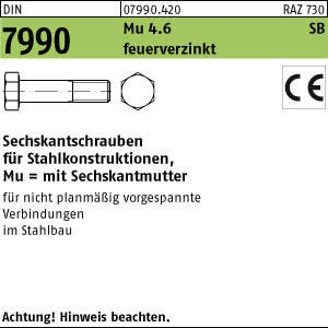 25 Sechskantschrauben DIN 7990 Mu 4.6 / CE U M16x65 feuerverzinkt tZn Stahl