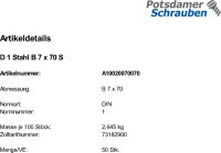 50 Kegelstifte DIN 1 Stahl Form B 7x70