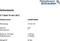 DIN 7 Stahl 10 m6 x 60 VE=S