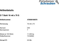 25 Zylinderstifte DIN 7 Stahl 16 m6 x 70