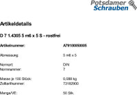 DIN 7 A 1 5 m6 x 5 rostfrei A 1 VE=S