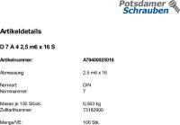 DIN 7 A 4 2,5 m6 x 16 A 4 VE=S
