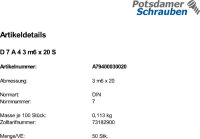 DIN 7 A 4 3 m6 x 20 A 4 VE=S
